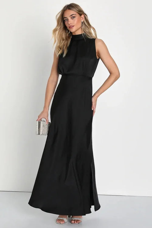 Enchantment High-Neck Satin Maxi Dress-Womenue