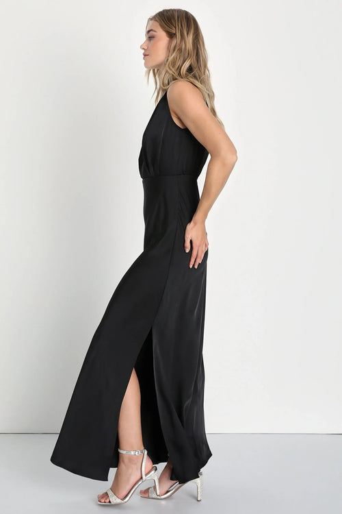 Enchantment High-Neck Satin Maxi Dress-Womenue