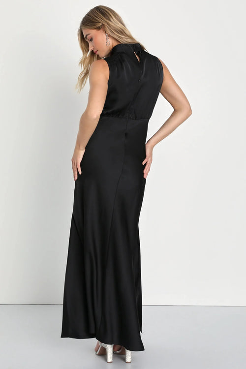 Enchantment High-Neck Satin Maxi Dress-Womenue