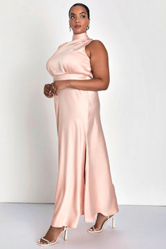 Enchantment High-Neck Satin Maxi Dress-Womenue