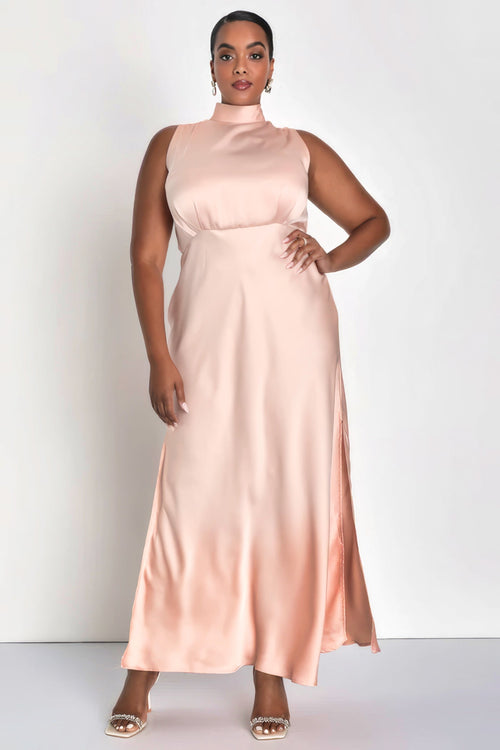 Enchantment High-Neck Satin Maxi Dress-Womenue