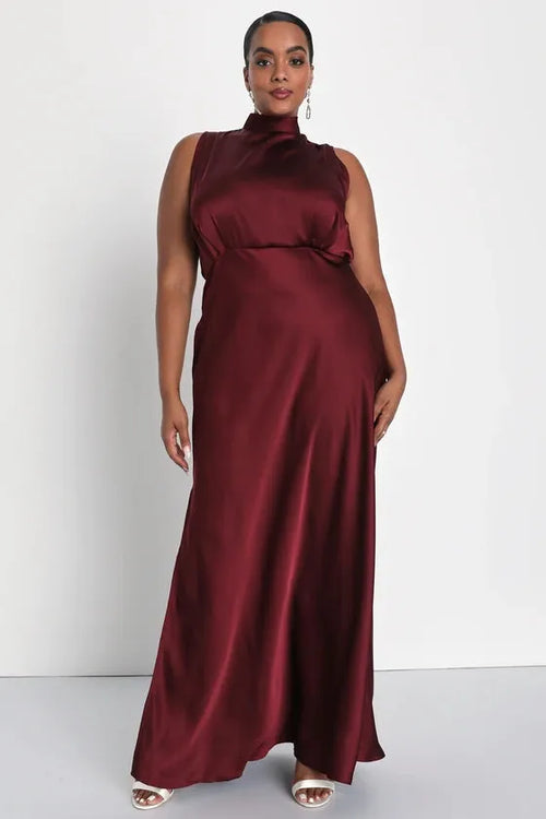 Enchantment High-Neck Satin Maxi Dress-Womenue