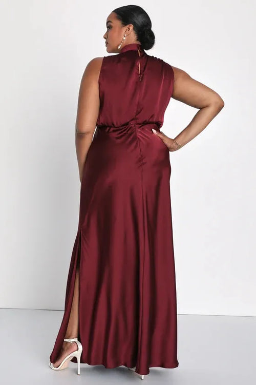 Enchantment High-Neck Satin Maxi Dress-Womenue