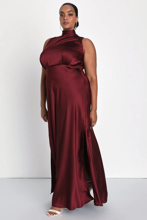 Enchantment High-Neck Satin Maxi Dress-Womenue