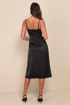 Midnight Elegance Satin Spaghetti Strap Dress-Womenue