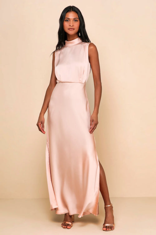 Enchantment High-Neck Satin Maxi Dress-Womenue