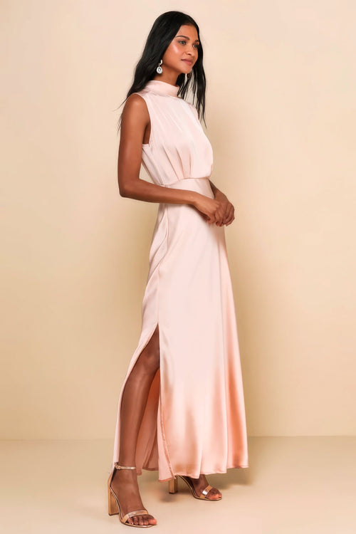 Enchantment High-Neck Satin Maxi Dress-Womenue