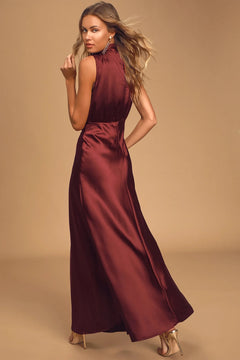 Enchantment High-Neck Satin Maxi Dress-Womenue