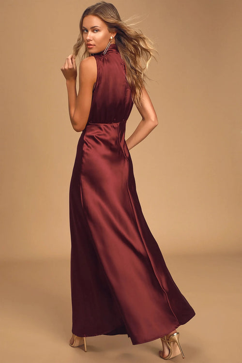 Enchantment High-Neck Satin Maxi Dress-Womenue