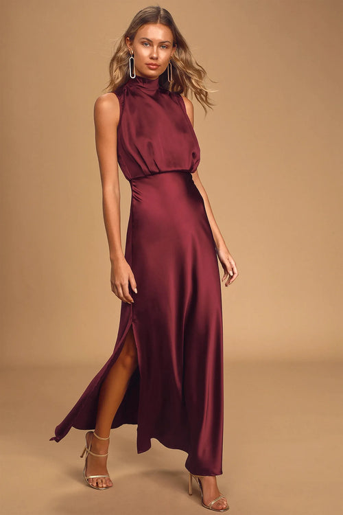 Enchantment High-Neck Satin Maxi Dress-Womenue