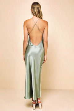 Sleek Sultriness Satin Backless Halter Dress-Womenue