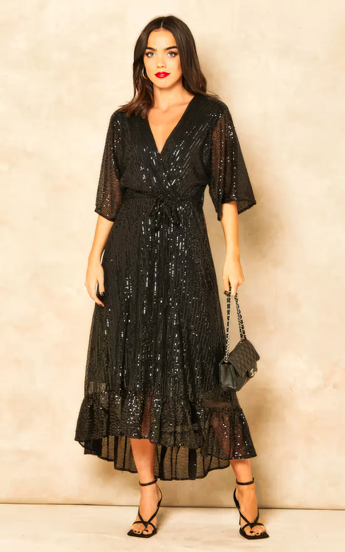 Enchanting Elegance Sequin Plunge Maxi Dress-Womenue