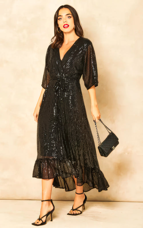 Enchanting Elegance Sequin Plunge Maxi Dress-Womenue