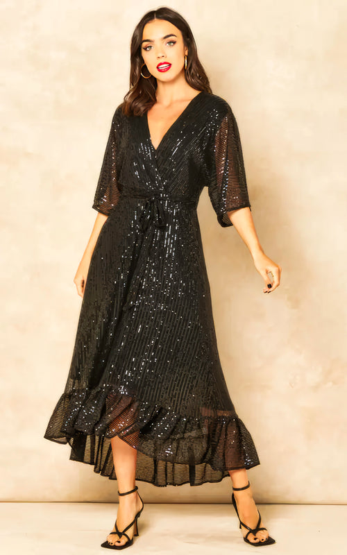 Enchanting Elegance Sequin Plunge Maxi Dress-Womenue