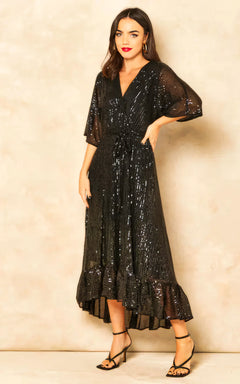 Enchanting Elegance Sequin Plunge Maxi Dress-Womenue