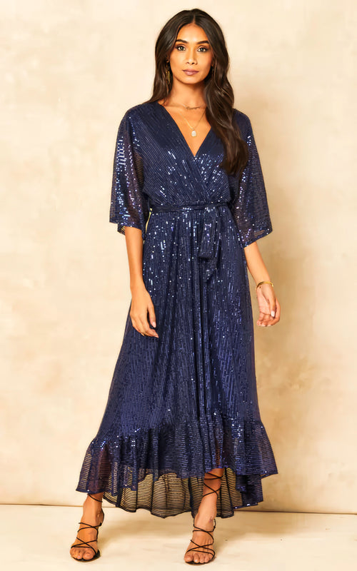 Enchanting Elegance Sequin Plunge Maxi Dress-Womenue