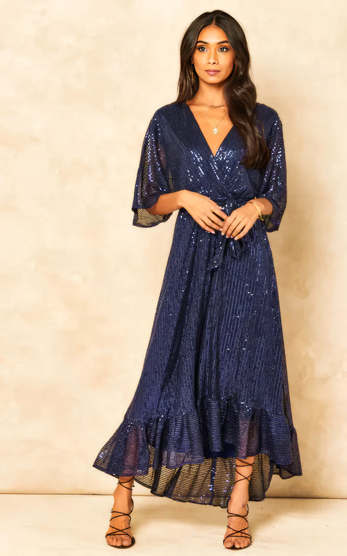 Enchanting Elegance Sequin Plunge Maxi Dress-Womenue