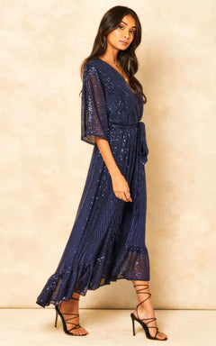 Enchanting Elegance Sequin Plunge Maxi Dress-Womenue