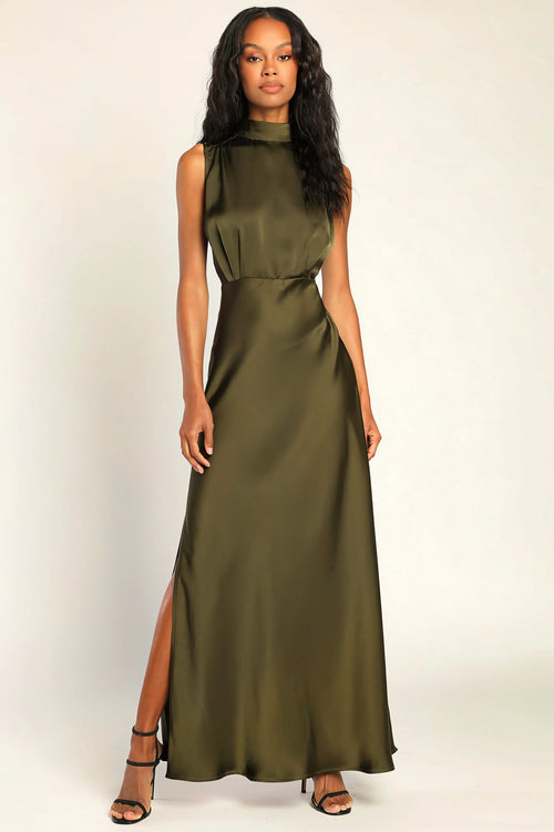 Enchantment High-Neck Satin Maxi Dress-Womenue