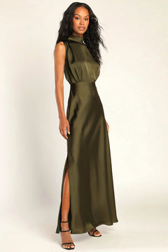 Enchantment High-Neck Satin Maxi Dress-Womenue