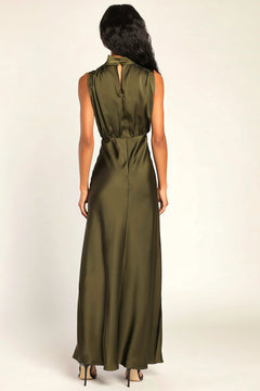 Enchantment High-Neck Satin Maxi Dress-Womenue