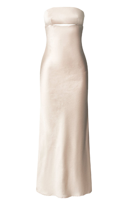 Champagne Elegance Strapless Cut-Out Satin Maxi Dress-Womenue