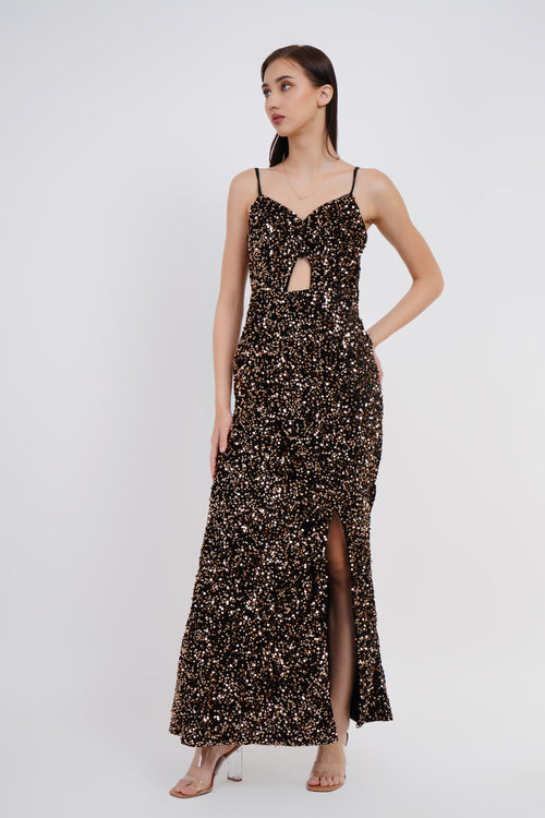 Luxe Velvet Sequin Slip Long Dress-Womenue