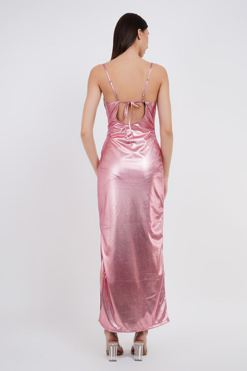 METALLIC SLIT LONG DRESS-Womenue