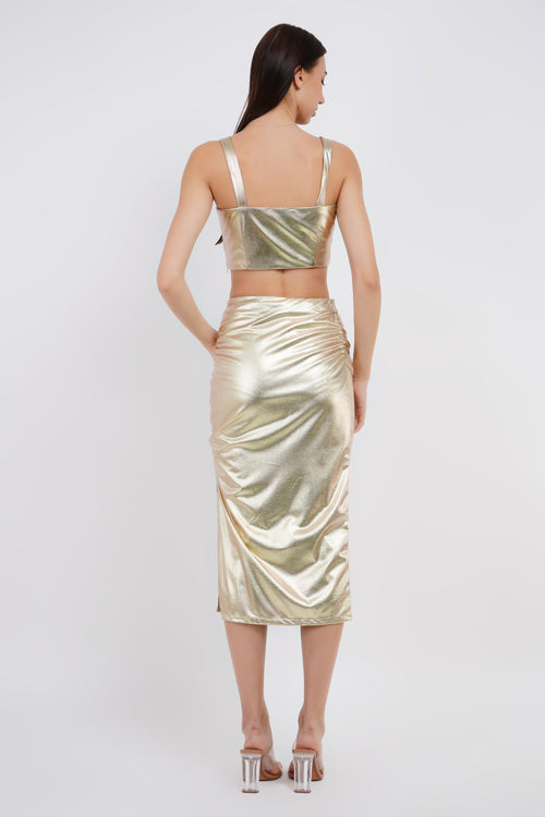 Metallic Two Piece Set Tube Top With Midi Skirt-Womenue