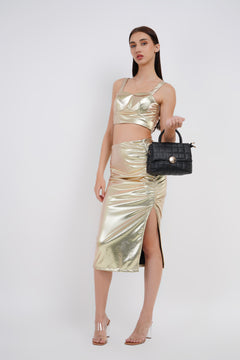 Metallic Two Piece Set Tube Top With Midi Skirt-Womenue