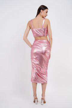 Metallic Two Piece Set Tube Top With Midi Skirt-Womenue