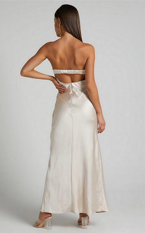 Champagne Elegance Strapless Cut-Out Satin Maxi Dress