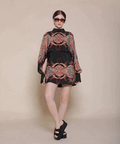 BAROQUE CAPE DRESS (DOUBLE PRINTED)-Womenue