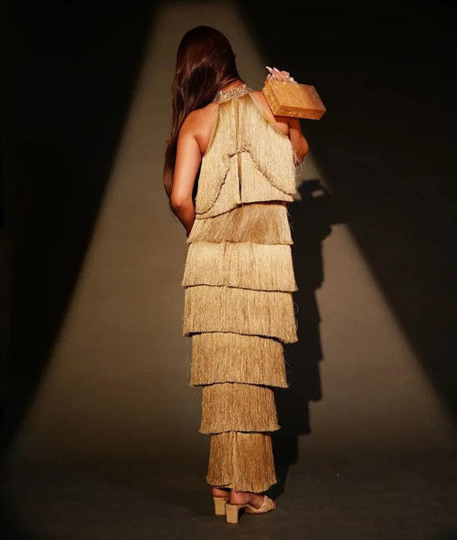 BEIGE FRINGE GOWN-Womenue