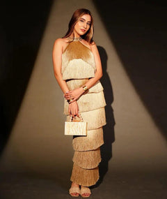 BEIGE FRINGE GOWN-Womenue