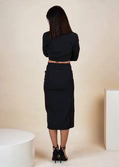 BLACK CROPPED BLAZER WITH LONG SKIRT CO-ORD SET-Womenue