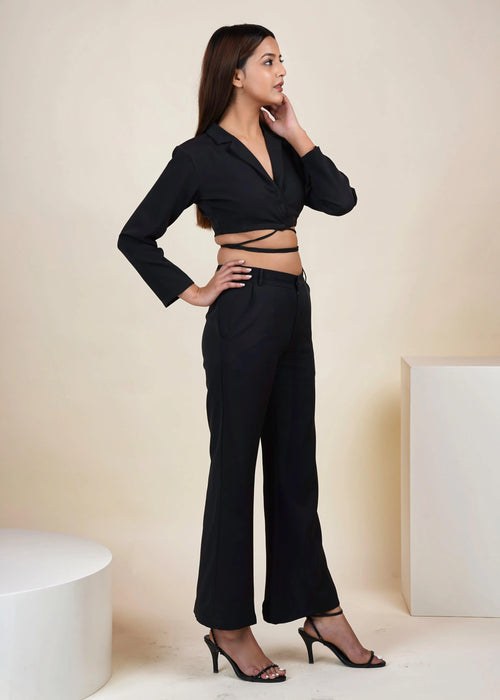 BLACK CROPPED TIE STRING BLAZER CO-ORD SET WITH FLARED PANT-Womenue