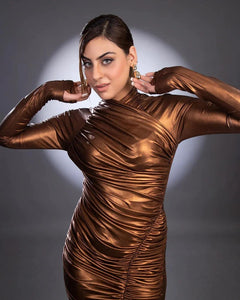 BROWN METALLIC HIGH NECK RUCHED DRESS-Womenue