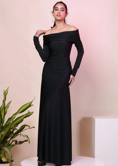 CLASSIC DACRON OVERFOLD OFF SHOULDER LONG GOWN DRESS-Womenue