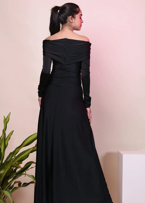 CLASSIC DACRON OVERFOLD OFF SHOULDER LONG GOWN DRESS-Womenue