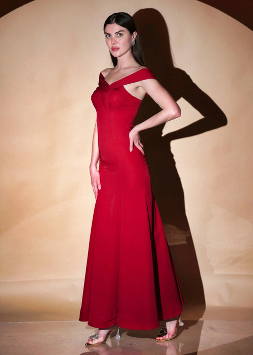 Classic Red Elegance Off Shoulder  Mermaid Gown-Womenue