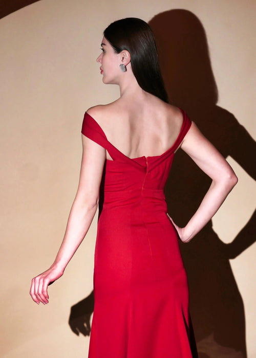 Classic Red Elegance Off Shoulder  Mermaid Gown-Womenue