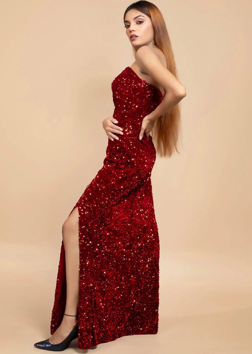 ELEGANT OFF-SHOULDER VELVET SEQUIN DRESS-Womenue