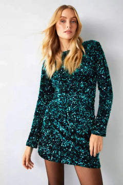 Emerald Elegance: Velvet Sequin Drape Front Mini Dress-Womenue