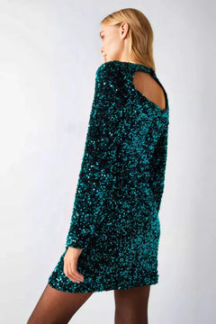 Emerald Elegance: Velvet Sequin Drape Front Mini Dress-Womenue