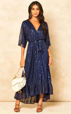 Enchanting Elegance Sequin Plunge Maxi Dress-Womenue