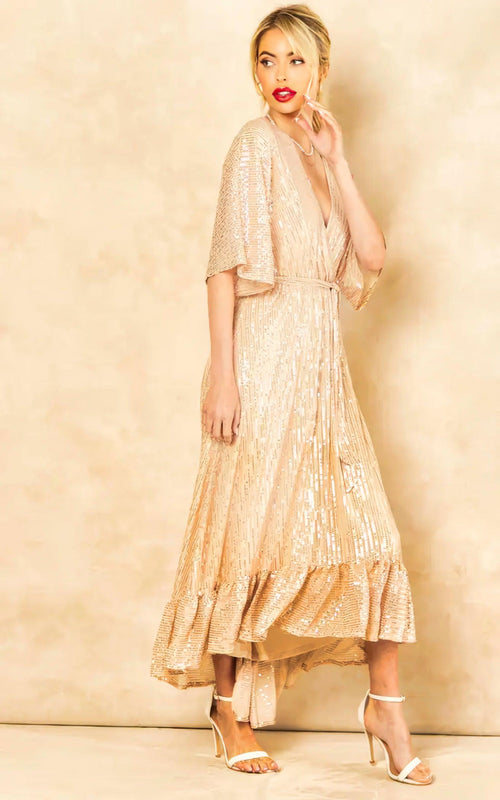 Enchanting Elegance Sequin Plunge Maxi Dress-Womenue