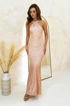 Glamorous Radiance: Jozelle Sequin Pink Halterneck Bodycon Gown-Womenue