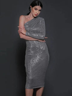 IRINA ONE SHOULDER DRESS (SILVER)-Womenue