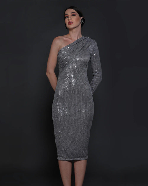 IRINA ONE SHOULDER DRESS (SILVER)-Womenue